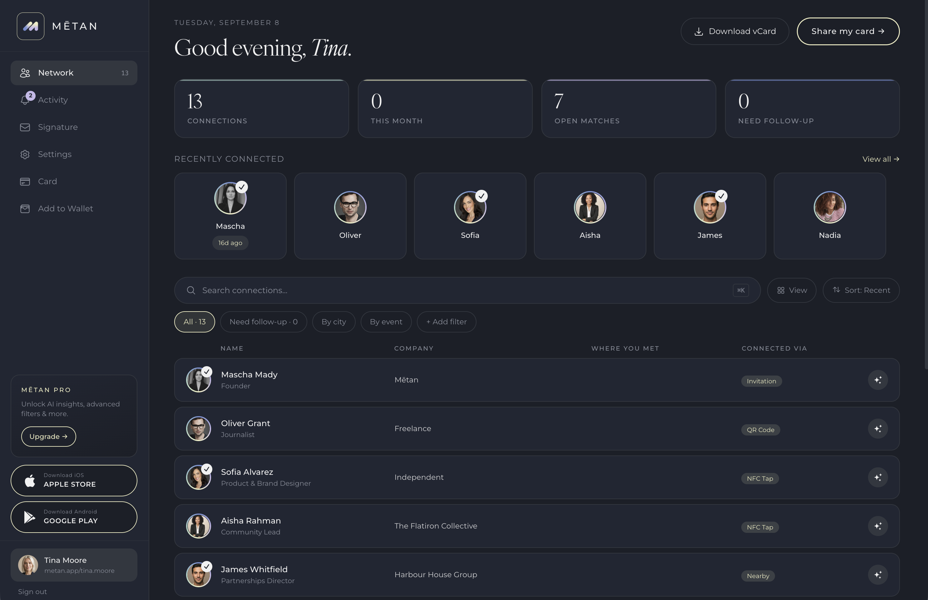 Mētan personal web dashboard with connections, recent activity and follow-ups