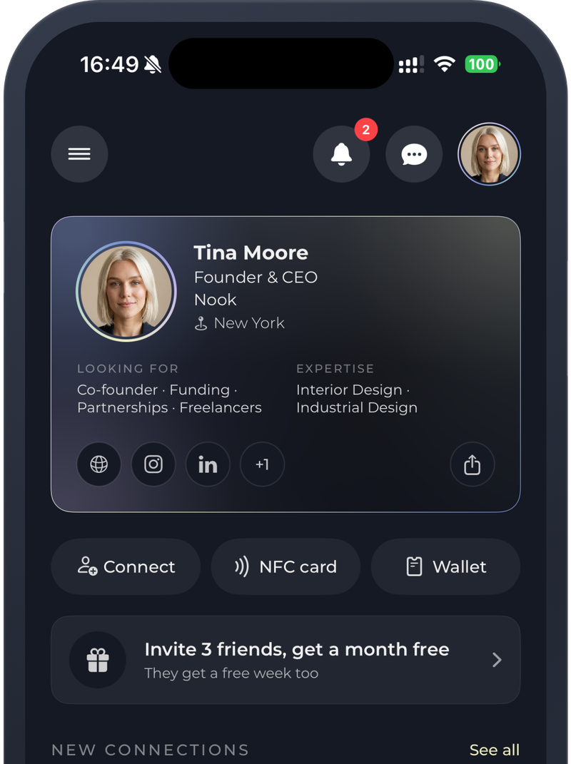 Mētan home screen: your card, Connect, NFC Card and Wallet, new connections